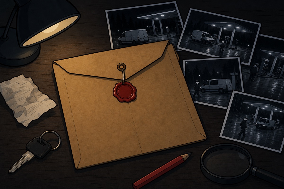 Une enveloppe kraft scellée de cire rouge, entourée de photos de caméra de surveillance.
