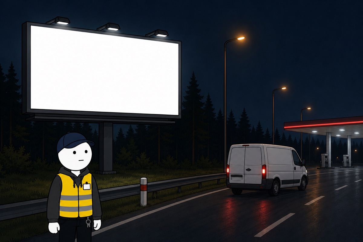 Un grand panneau lumineux au bord de l'autoroute, la nuit.