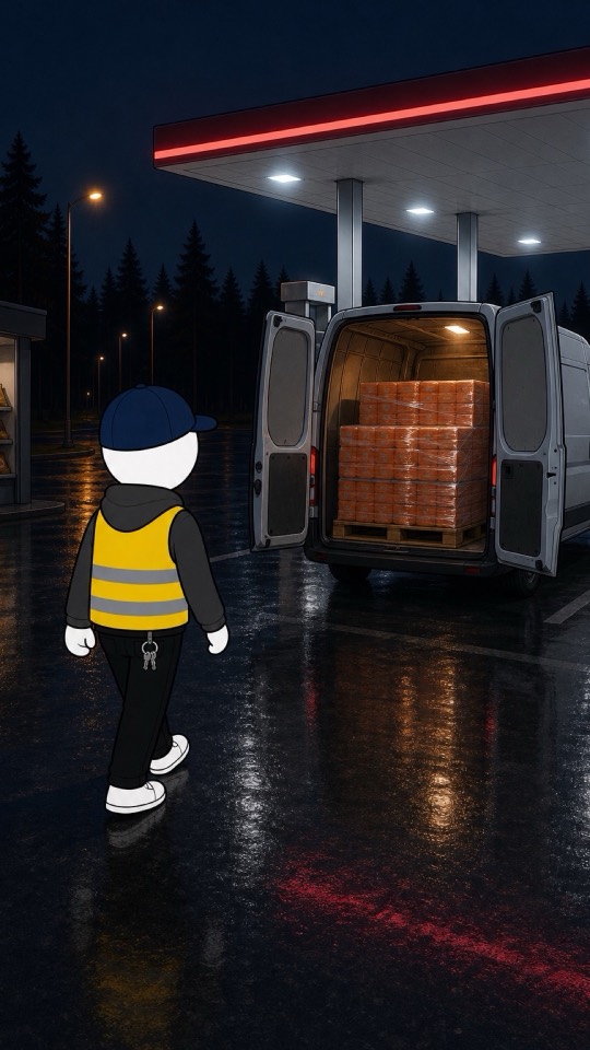 Toi, en gilet jaune, tu marches vers un fourgon blanc aux portes ouvertes, la nuit, dans une station-service.